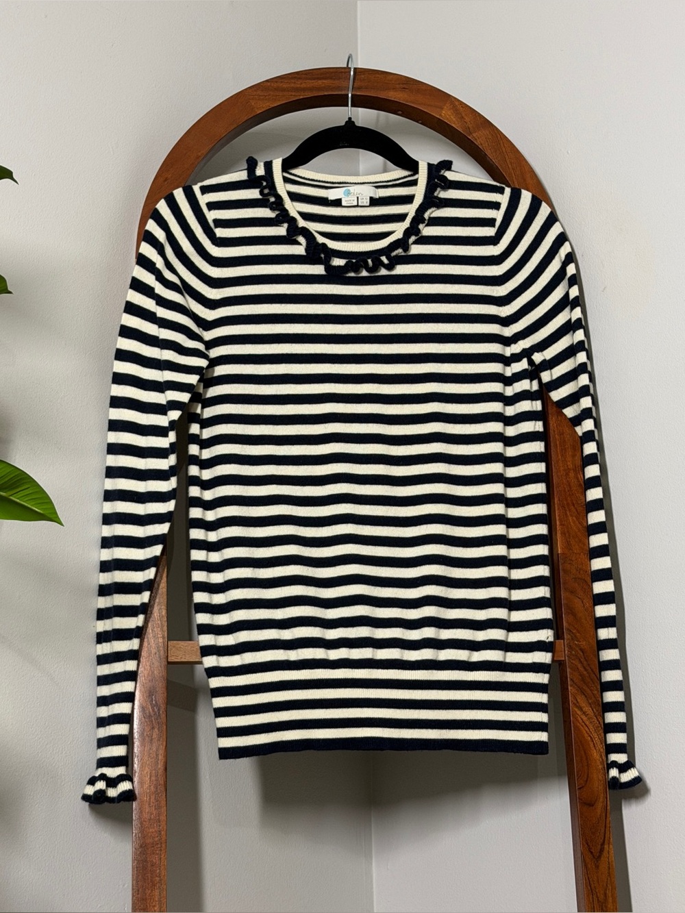 Boden 8 Blue White Stripe Wool Cotton Blend Ruffle Trim Sweater - Picture 1 of 9